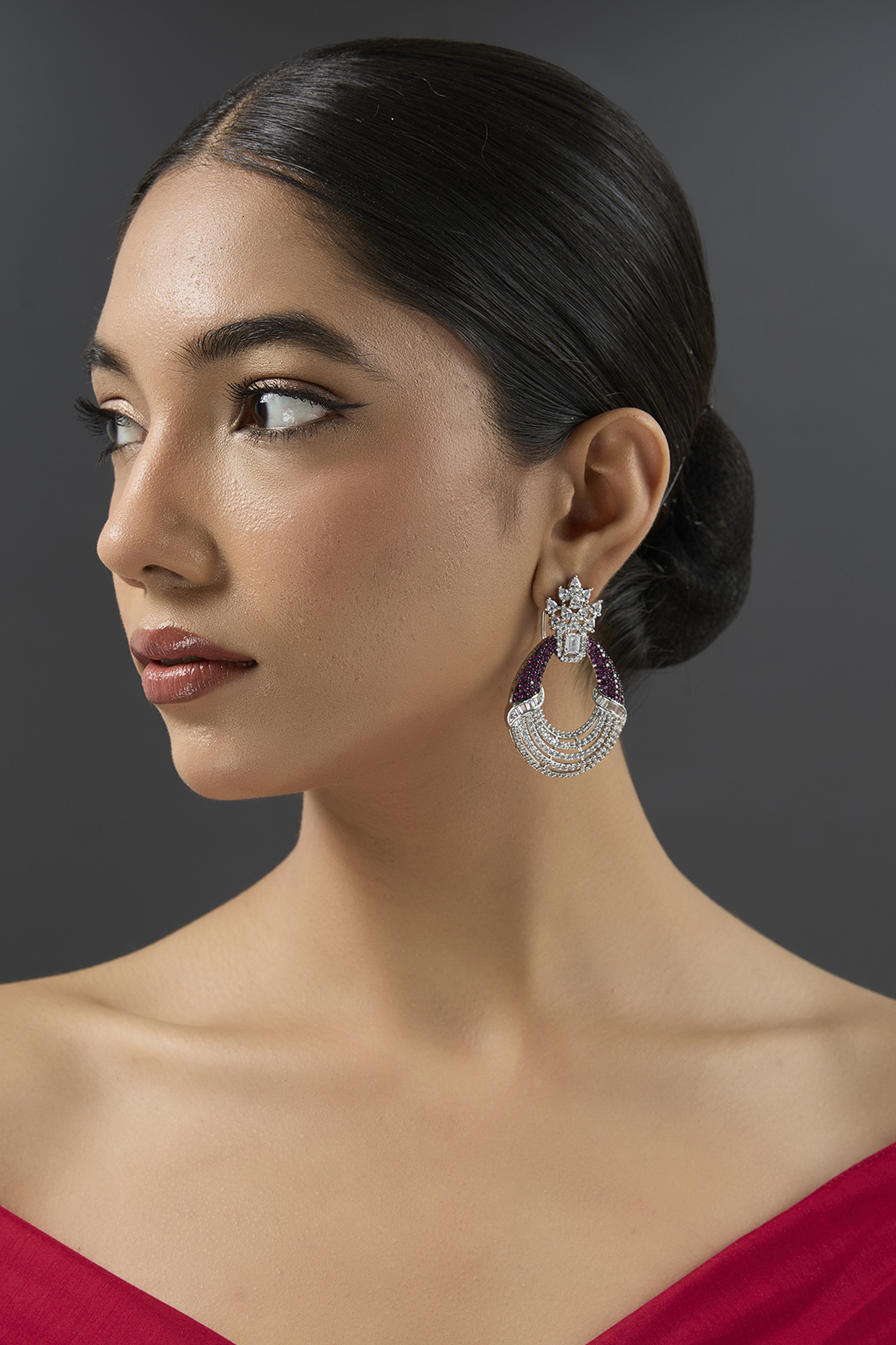 White Finish Diamond & Purple Stone Dangler Earrings by Zevar By Geeta at Pernia's Pop Up Shop