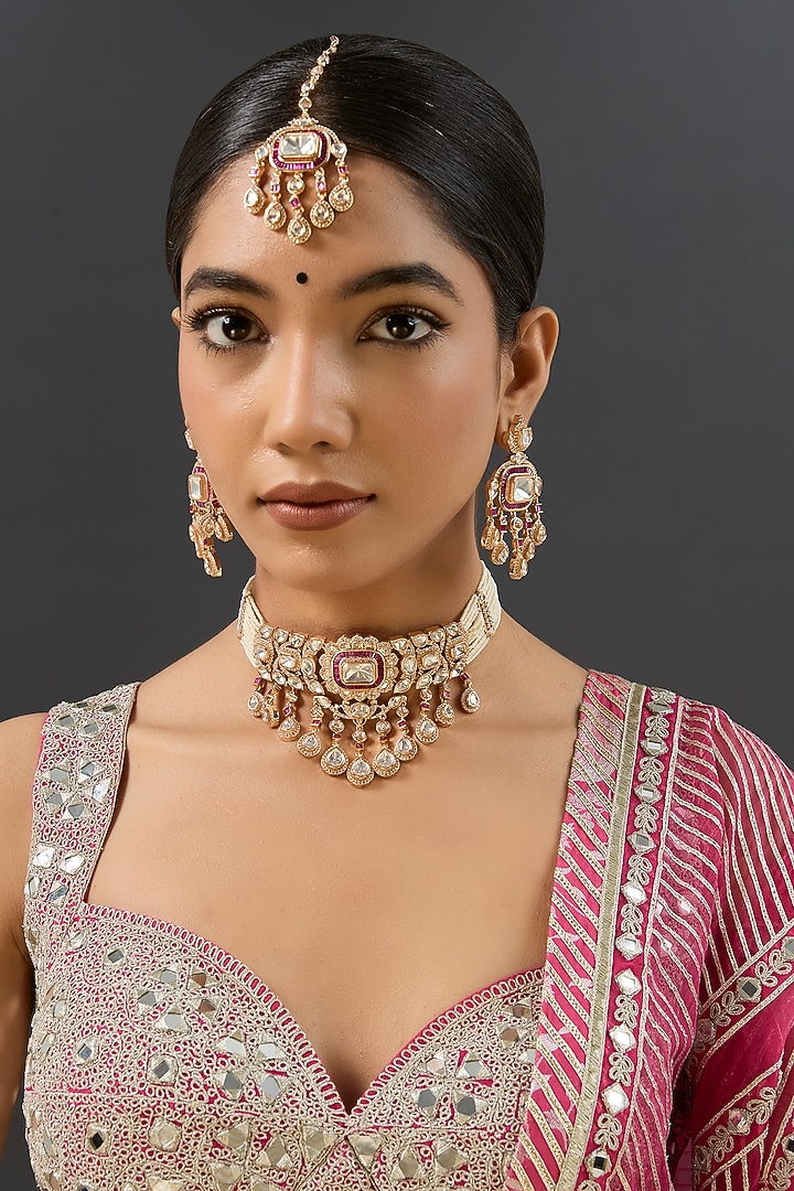 Gold Finish Kundan Polki & Red Stone Choker Necklace Set by Zevar By Geeta at Pernia's Pop Up Shop