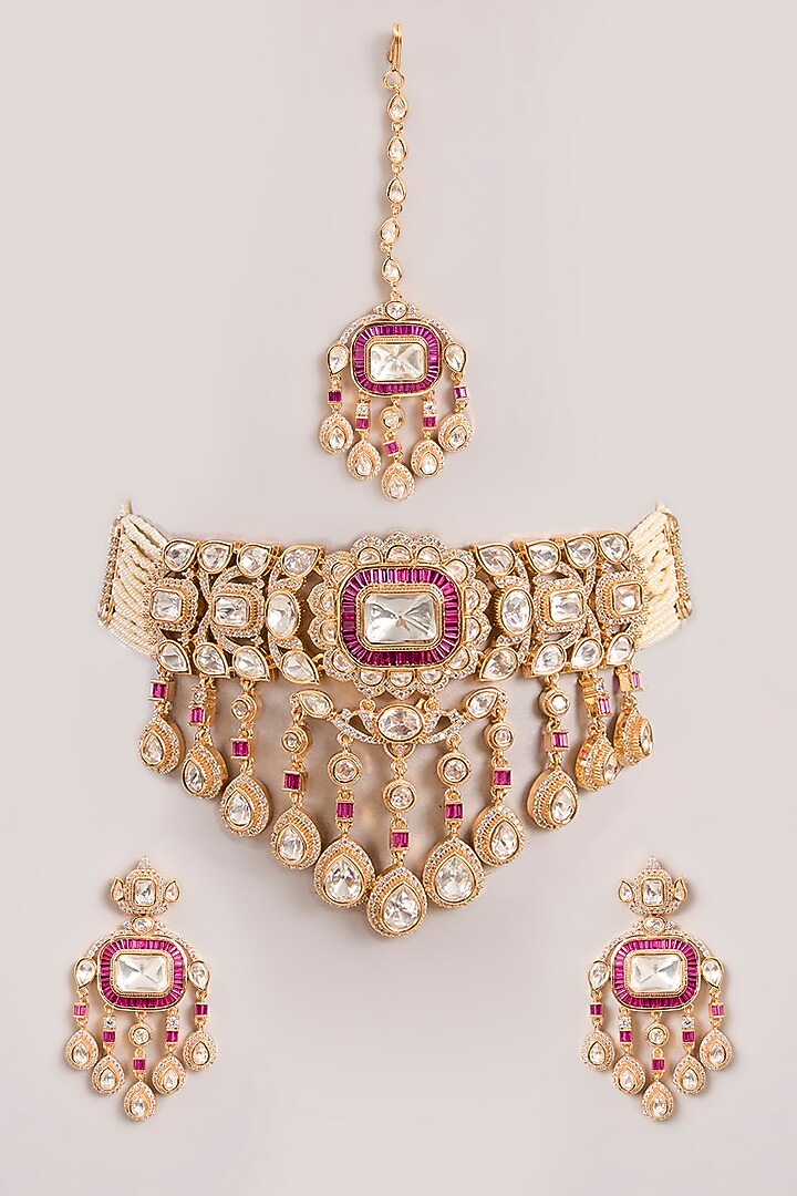 Gold Finish Kundan Polki & Red Stone Choker Necklace Set by Zevar By Geeta at Pernia's Pop Up Shop