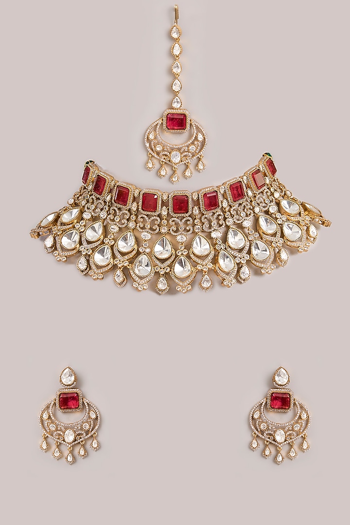 Two-Tone Finish Kundan Polki & Red Stone Necklace Set by Zevar By Geeta at Pernia's Pop Up Shop