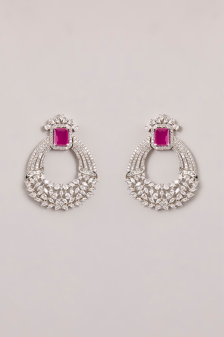 White Finish Diamond & Pink Stone Hoop Earrings by Zevar By Geeta at Pernia's Pop Up Shop