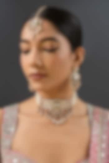 Gold Finish Kundan Polki & Green Stone Choker Necklace Set by Zevar By Geeta at Pernia's Pop Up Shop