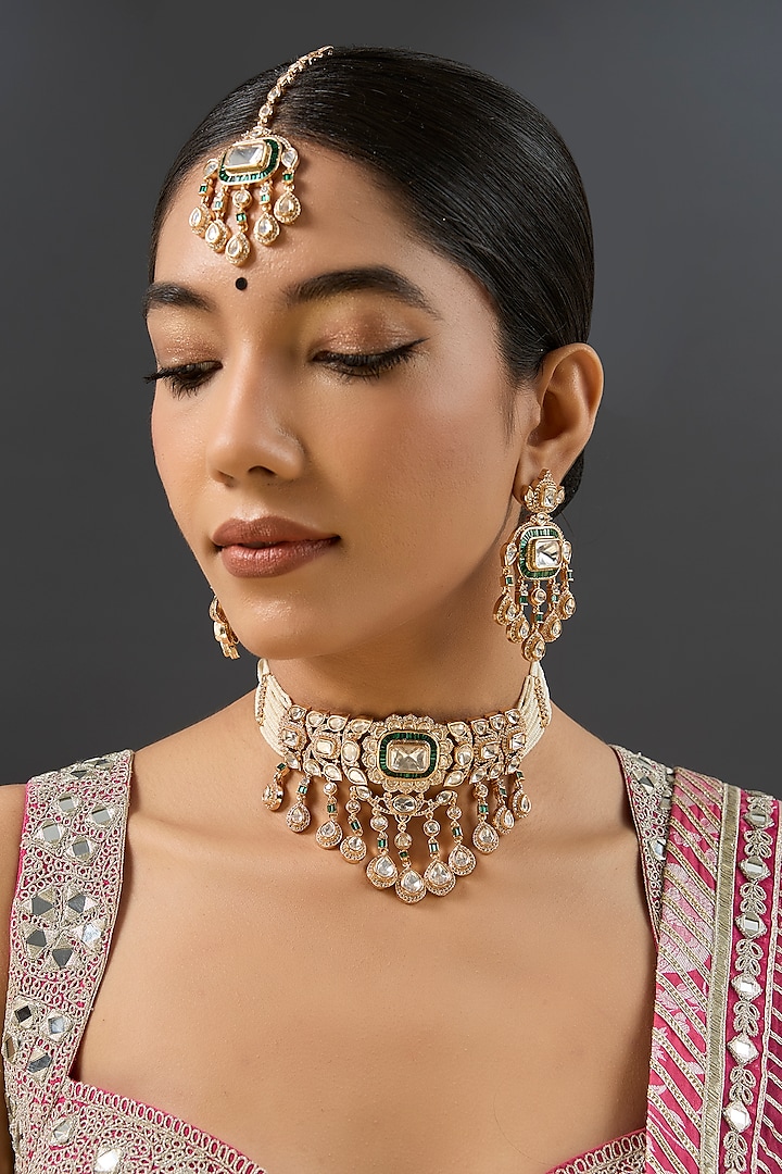 Gold Finish Kundan Polki & Green Stone Choker Necklace Set by Zevar By Geeta at Pernia's Pop Up Shop