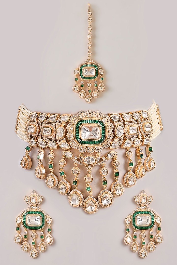 Gold Finish Kundan Polki & Green Stone Choker Necklace Set by Zevar By Geeta at Pernia's Pop Up Shop