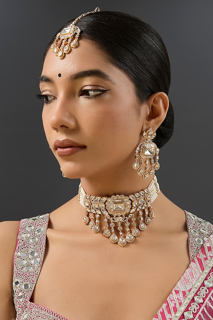 Gold Finish Kundan Polki Choker Necklace Set by Zevar By Geeta at Pernia's Pop Up Shop