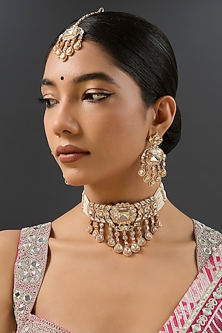 Gold Finish Kundan Polki Choker Necklace Set by Zevar By Geeta