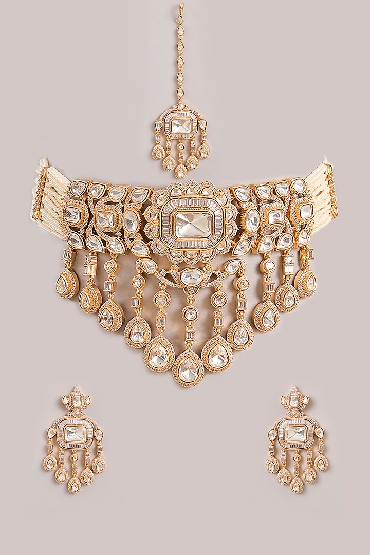 Gold Finish Kundan Polki Choker Necklace Set by Zevar By Geeta at Pernia's Pop Up Shop