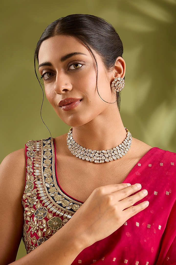 Gold Finish Kundan Polki Necklace Set by Zevar By Geeta at Pernia's Pop Up Shop