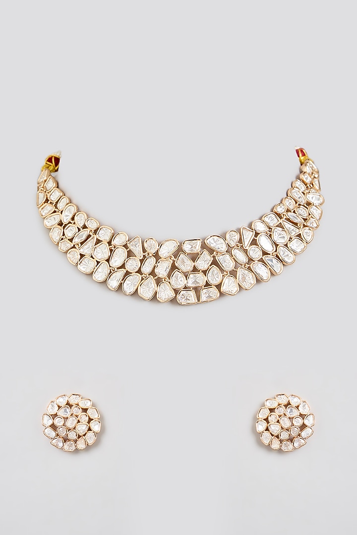 Gold Finish Kundan Polki Necklace Set by Zevar By Geeta at Pernia's Pop Up Shop