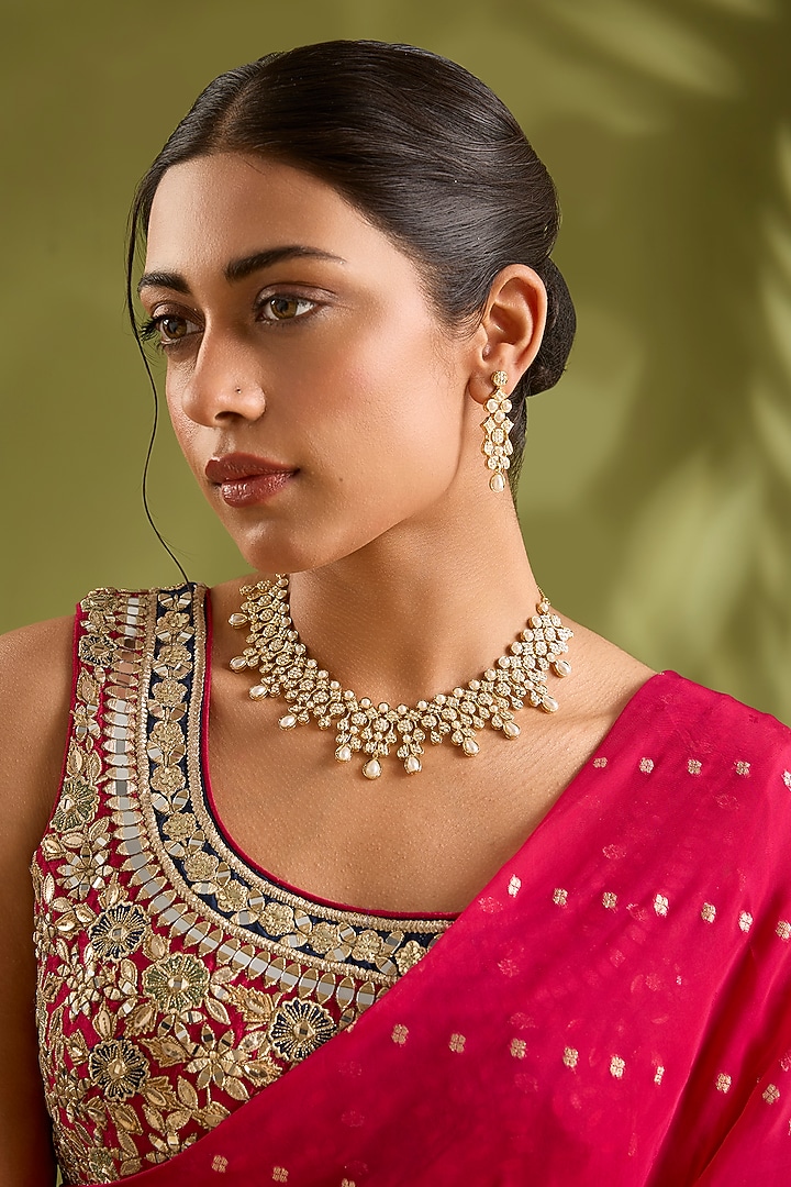 Gold Finish Jadau Necklace Set by Zevar By Geeta at Pernia's Pop Up Shop