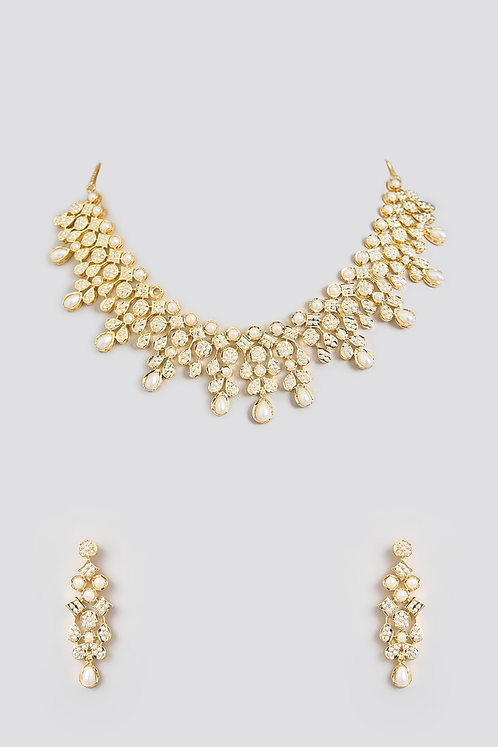 Gold Finish Jadau Necklace Set by Zevar By Geeta at Pernia's Pop Up Shop