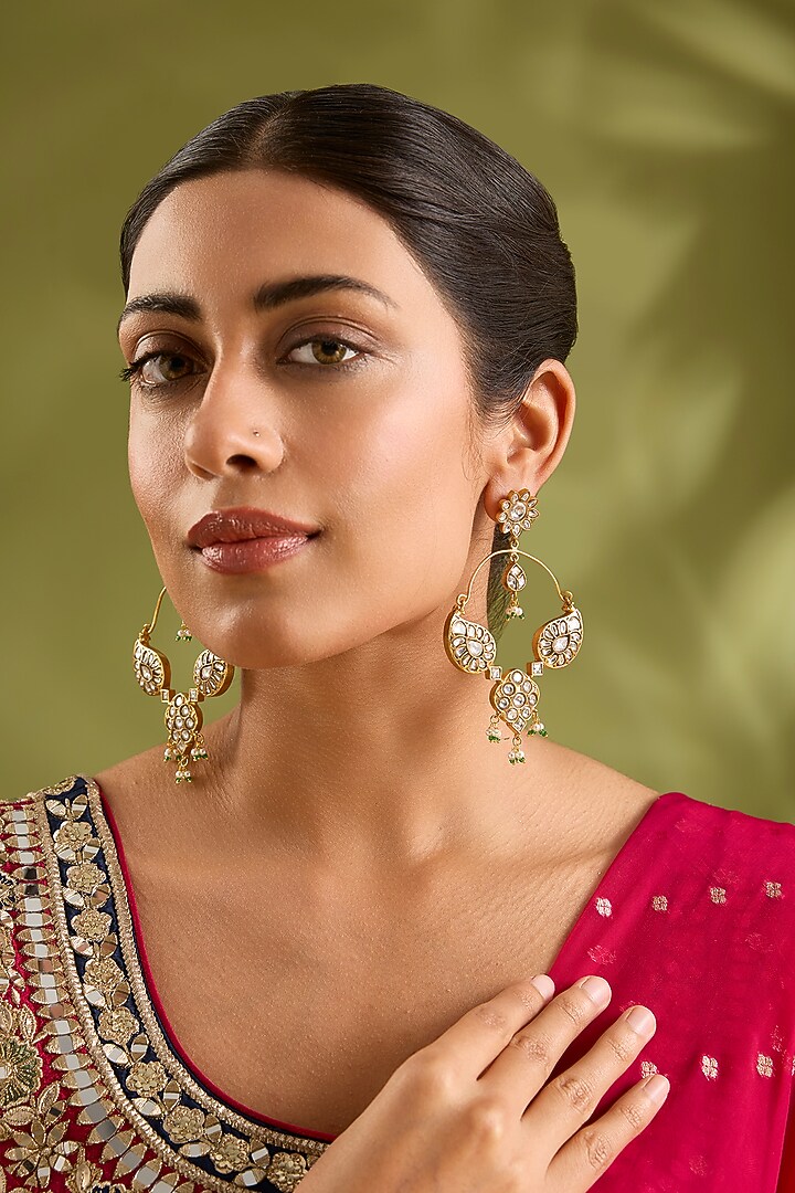 Gold Finish Kundan Polki & Pearl Chandbali Earrings by Zevar By Geeta at Pernia's Pop Up Shop