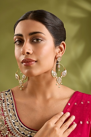 Gold Finish Kundan Polki & Pearl Chandbali Earrings by Zevar By Geeta