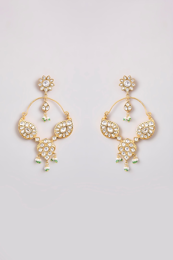 Gold Finish Kundan Polki & Pearl Chandbali Earrings by Zevar By Geeta at Pernia's Pop Up Shop
