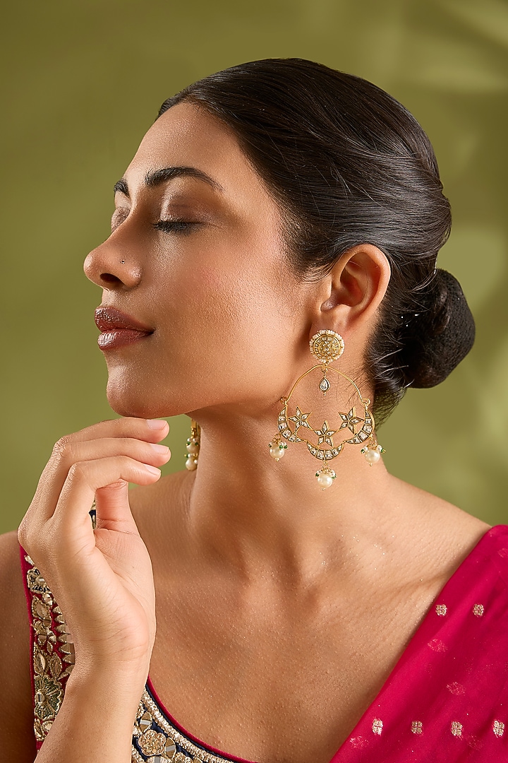Gold Finish Kundan Polki & Pearl Chandbali Earrings by Zevar By Geeta at Pernia's Pop Up Shop