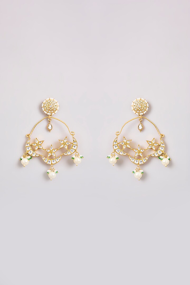 Gold Finish Kundan Polki & Pearl Chandbali Earrings by Zevar By Geeta at Pernia's Pop Up Shop