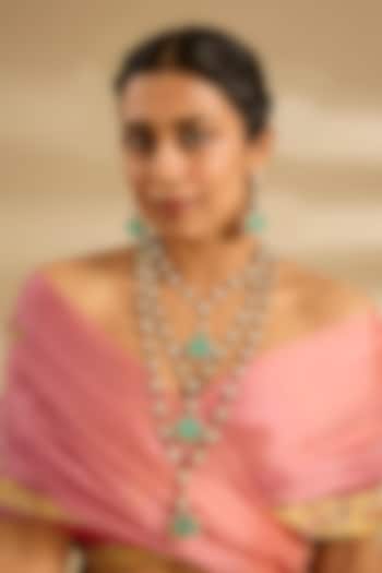 Gold Finish Kundan Polki & Green Stone Layered Necklace Set by Zevar By Geeta at Pernia's Pop Up Shop