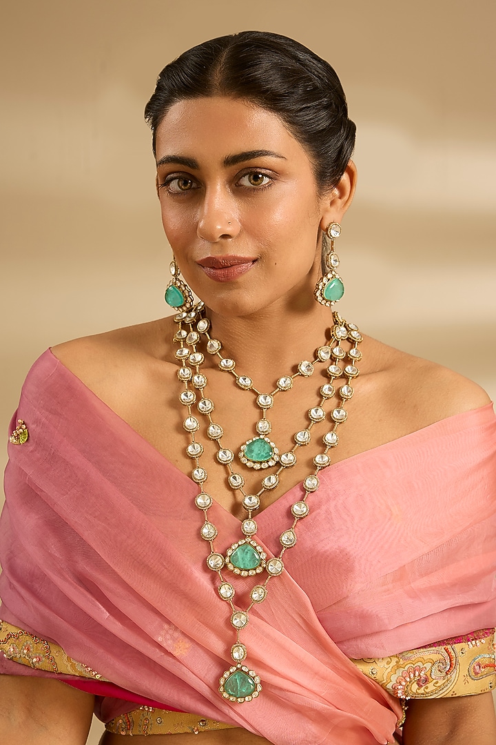 Gold Finish Kundan Polki & Green Stone Layered Necklace Set by Zevar By Geeta at Pernia's Pop Up Shop