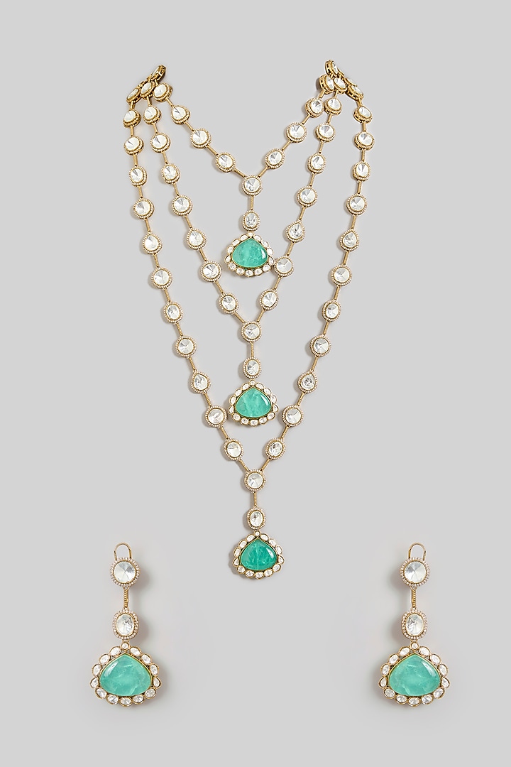 Gold Finish Kundan Polki & Green Stone Layered Necklace Set by Zevar By Geeta at Pernia's Pop Up Shop