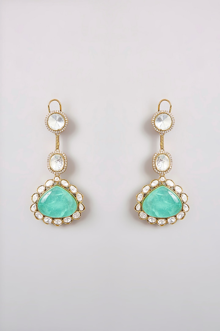 Gold Finish Kundan Polki & Green Stone Layered Necklace Set by Zevar By Geeta at Pernia's Pop Up Shop