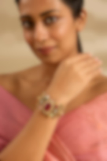 Gold Finish Kundan Polki & Multi-Colored Stone Cuff by Zevar By Geeta at Pernia's Pop Up Shop