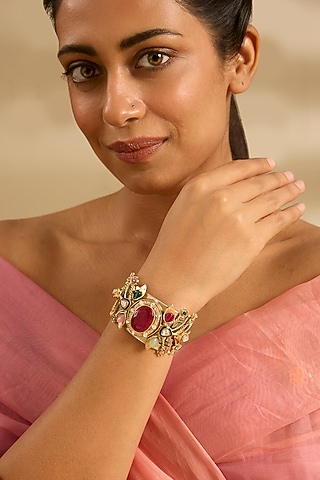 Gold Finish Kundan Polki & Multi-Colored Stone Cuff by Zevar By Geeta