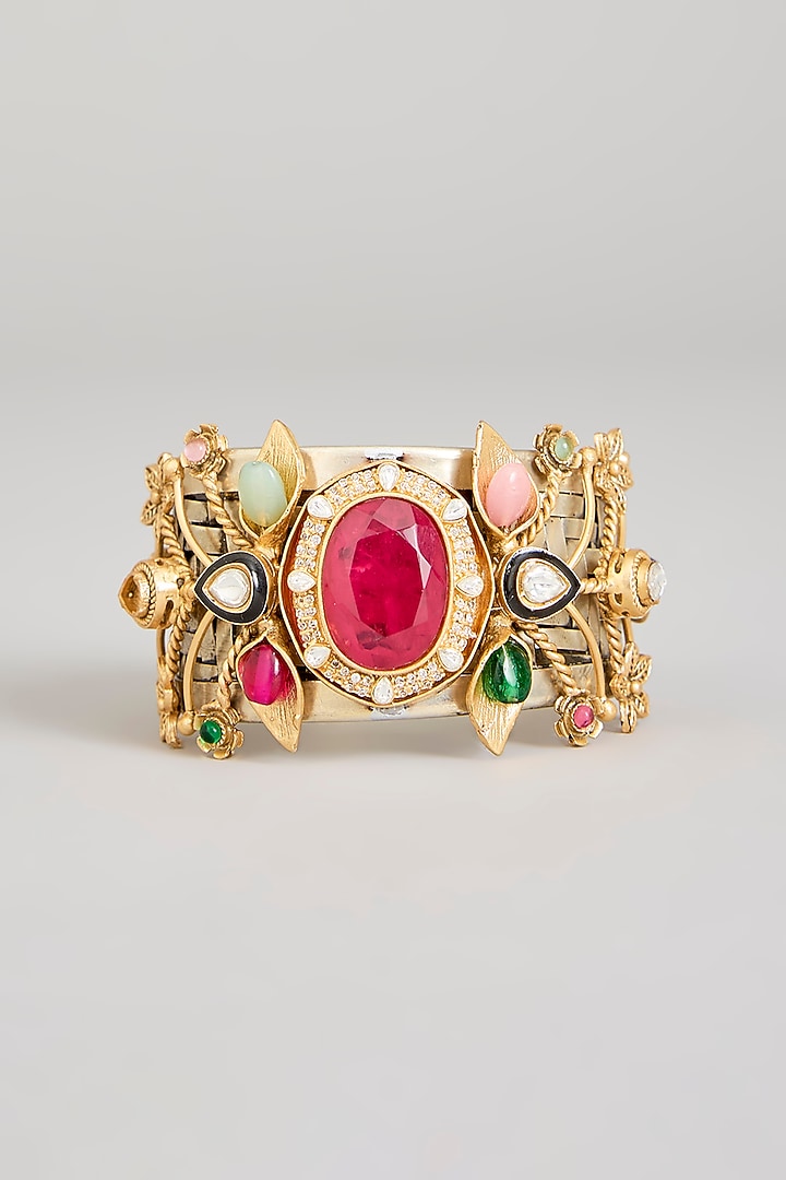 Gold Finish Kundan Polki & Multi-Colored Stone Cuff by Zevar By Geeta at Pernia's Pop Up Shop