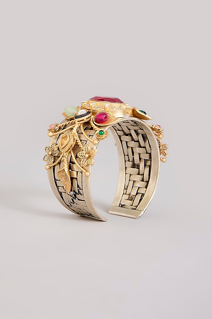 Gold Finish Kundan Polki & Multi-Colored Stone Cuff by Zevar By Geeta at Pernia's Pop Up Shop