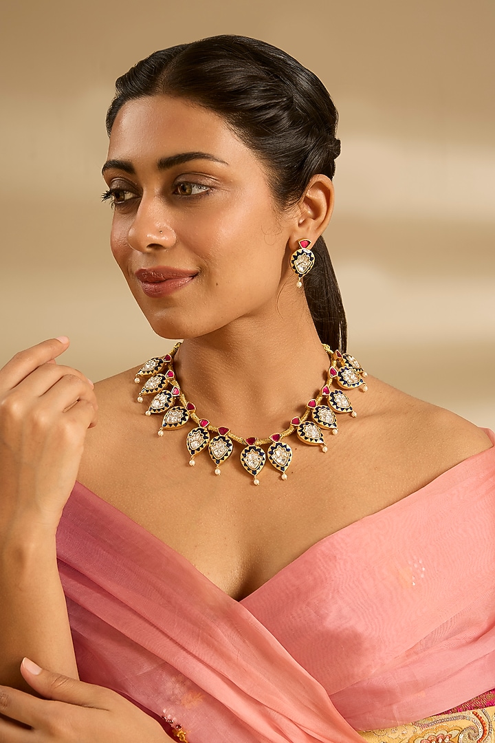 Gold Finish Black Kundan Polki & Ruby Enameled Necklace Set by Zevar By Geeta at Pernia's Pop Up Shop