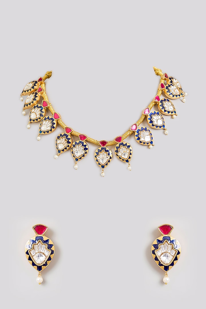 Gold Finish Black Kundan Polki & Ruby Enameled Necklace Set by Zevar By Geeta at Pernia's Pop Up Shop