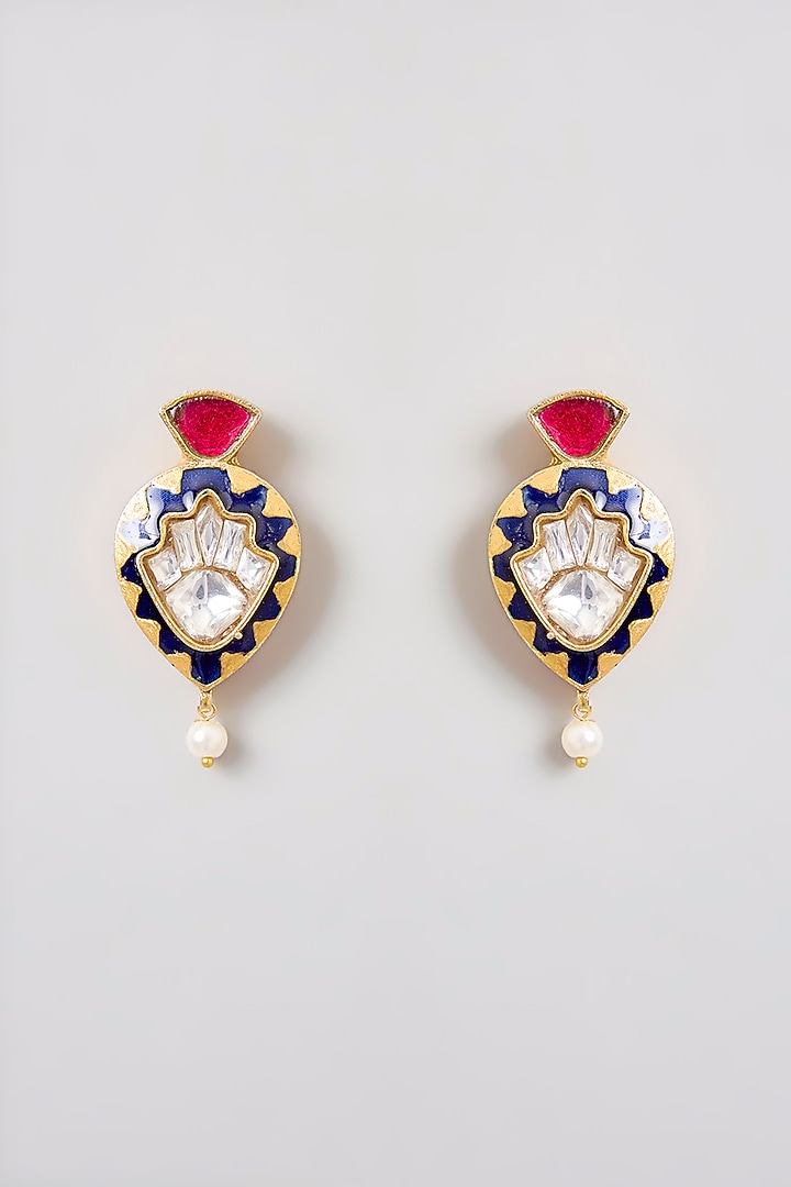 Gold Finish Black Kundan Polki & Ruby Enameled Necklace Set by Zevar By Geeta at Pernia's Pop Up Shop
