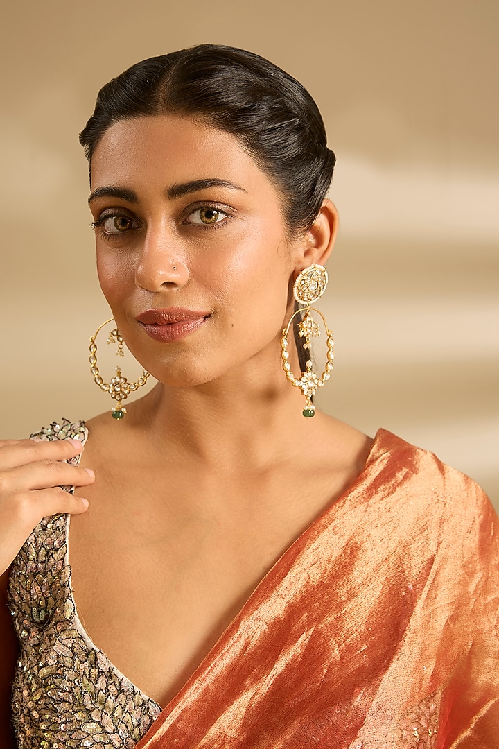 Gold Finish Kundan Polki & Pearl Chandbali Earrings by Zevar By Geeta at Pernia's Pop Up Shop