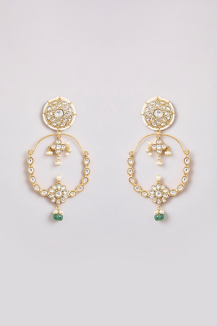 Gold Finish Kundan Polki & Pearl Chandbali Earrings by Zevar By Geeta at Pernia's Pop Up Shop