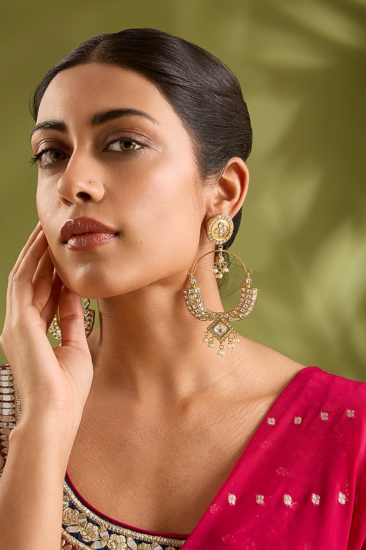 Gold Finish Kundan Polki & Pearl Chandbali Earrings by Zevar By Geeta at Pernia's Pop Up Shop