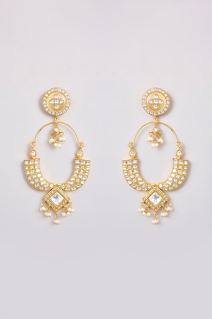 Gold Finish Kundan Polki & Pearl Chandbali Earrings by Zevar By Geeta at Pernia's Pop Up Shop