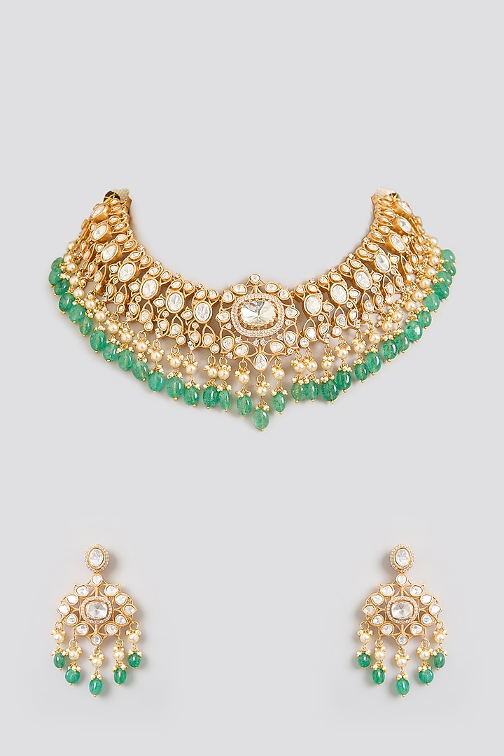 Gold Finish Moissanite & Green Stone Necklace Set by Zevar By Geeta at Pernia's Pop Up Shop