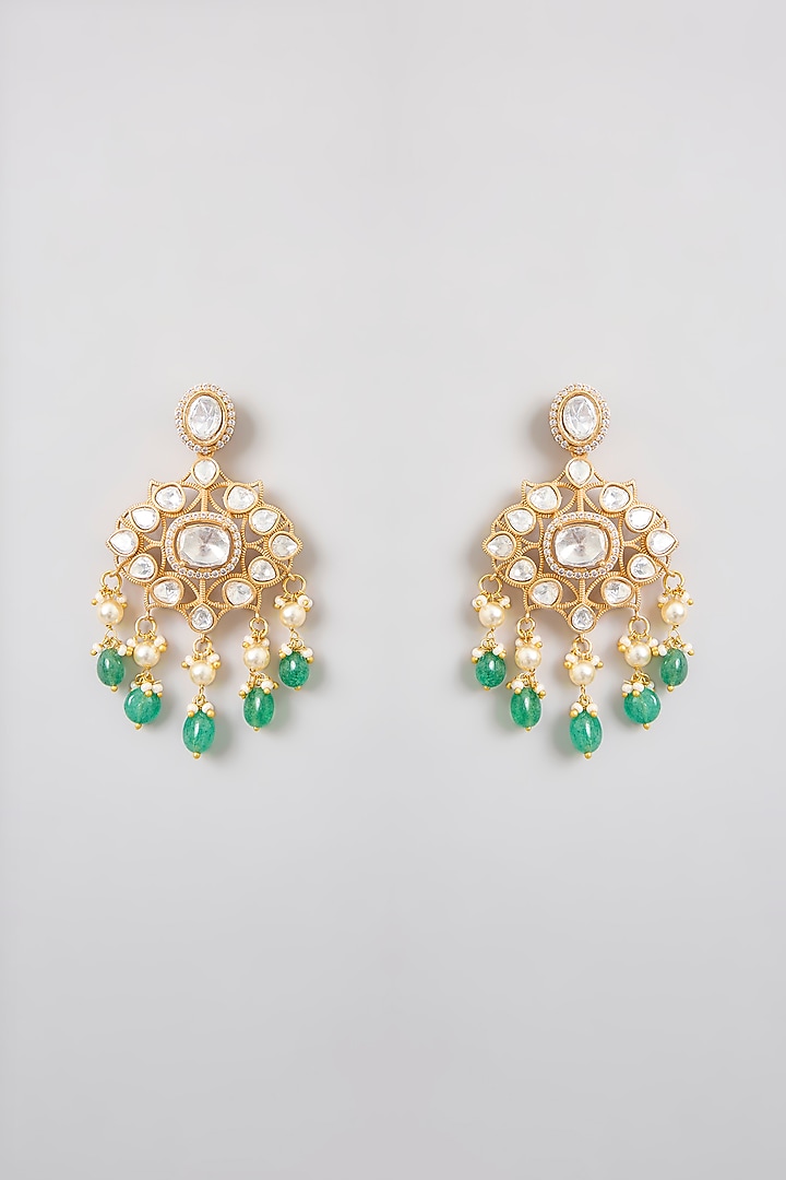 Gold Finish Moissanite & Green Stone Necklace Set by Zevar By Geeta at Pernia's Pop Up Shop