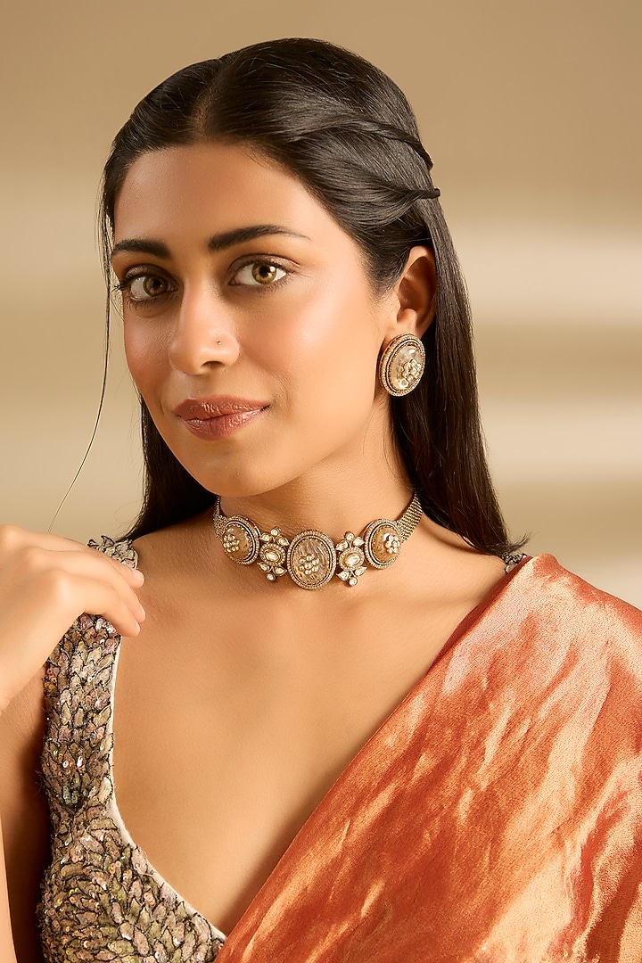 Gold Finish Kundan Polki Choker Necklace Set by Zevar By Geeta at Pernia's Pop Up Shop