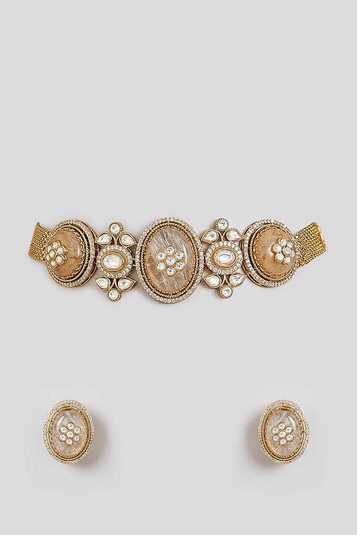 Gold Finish Kundan Polki Choker Necklace Set by Zevar By Geeta at Pernia's Pop Up Shop