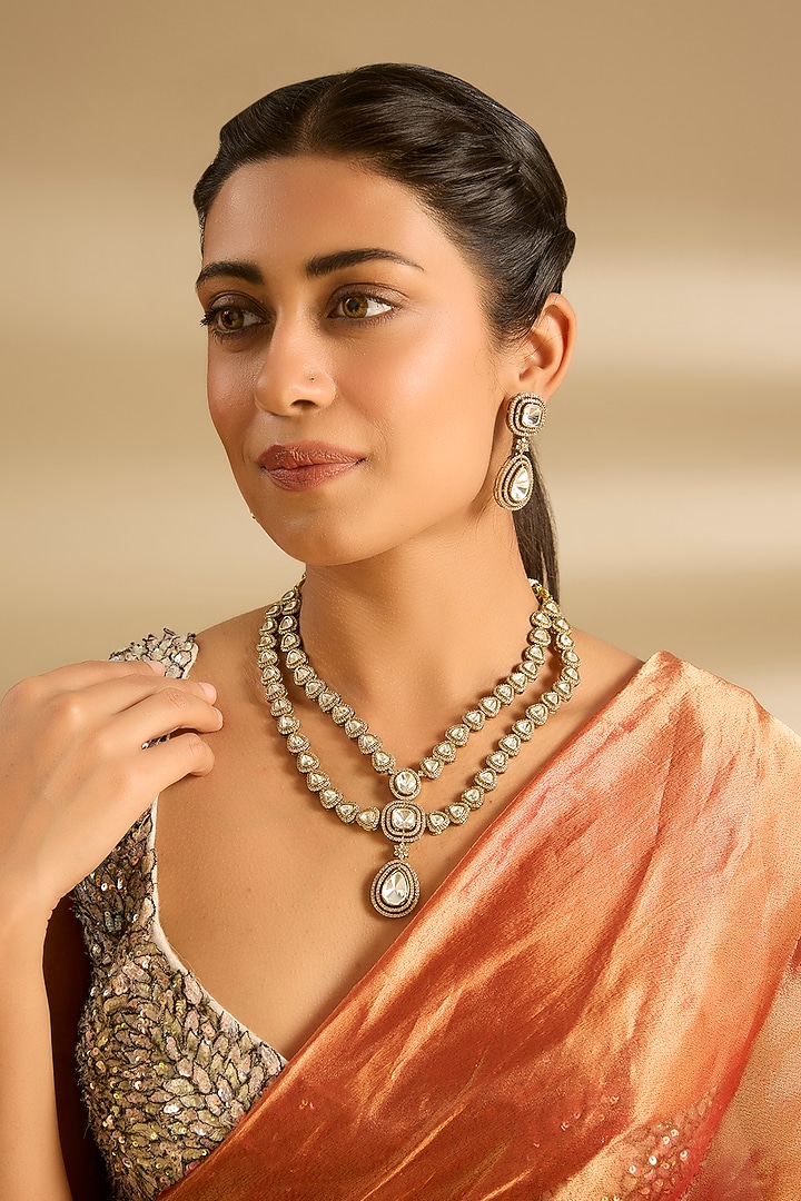 Two Tone Finish Kundan Polki Layered Necklace Set by Zevar By Geeta at Pernia's Pop Up Shop