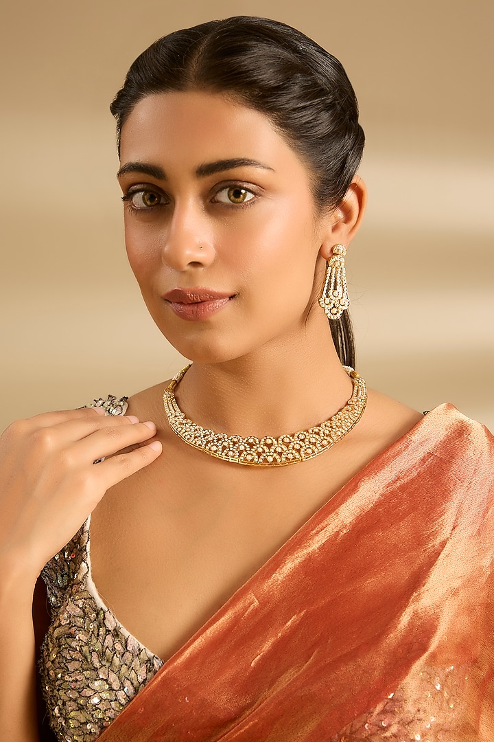 Gold Finish Jadau Necklace Set by Zevar By Geeta at Pernia's Pop Up Shop