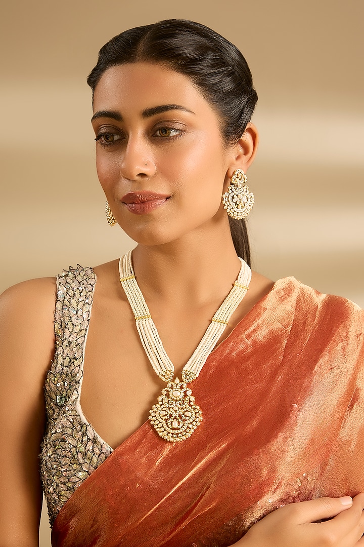 Gold Finish Jadau Long Necklace Set by Zevar By Geeta at Pernia's Pop Up Shop