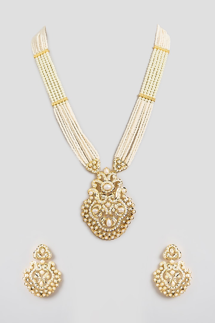 Gold Finish Jadau Long Necklace Set by Zevar By Geeta at Pernia's Pop Up Shop