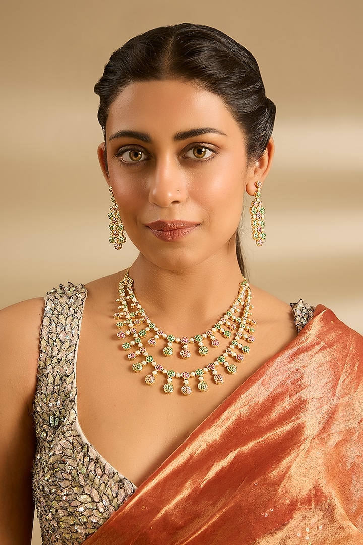 Gold Finish Jadau Long Necklace Set by Zevar By Geeta at Pernia's Pop Up Shop