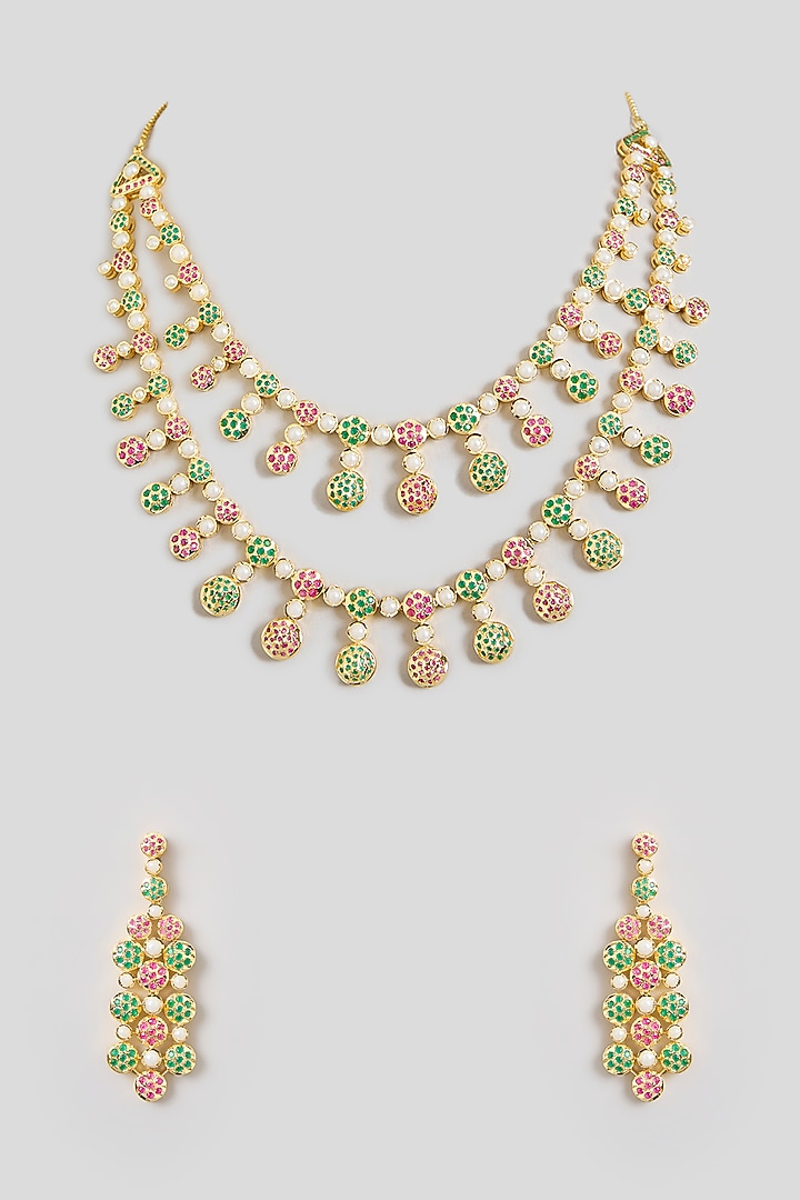 Gold Finish Jadau Long Necklace Set by Zevar By Geeta at Pernia's Pop Up Shop