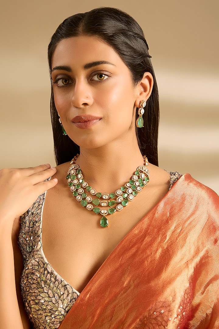 Two Tone Finish Green Kundan Polki Layered Necklace Set by Zevar By Geeta at Pernia's Pop Up Shop