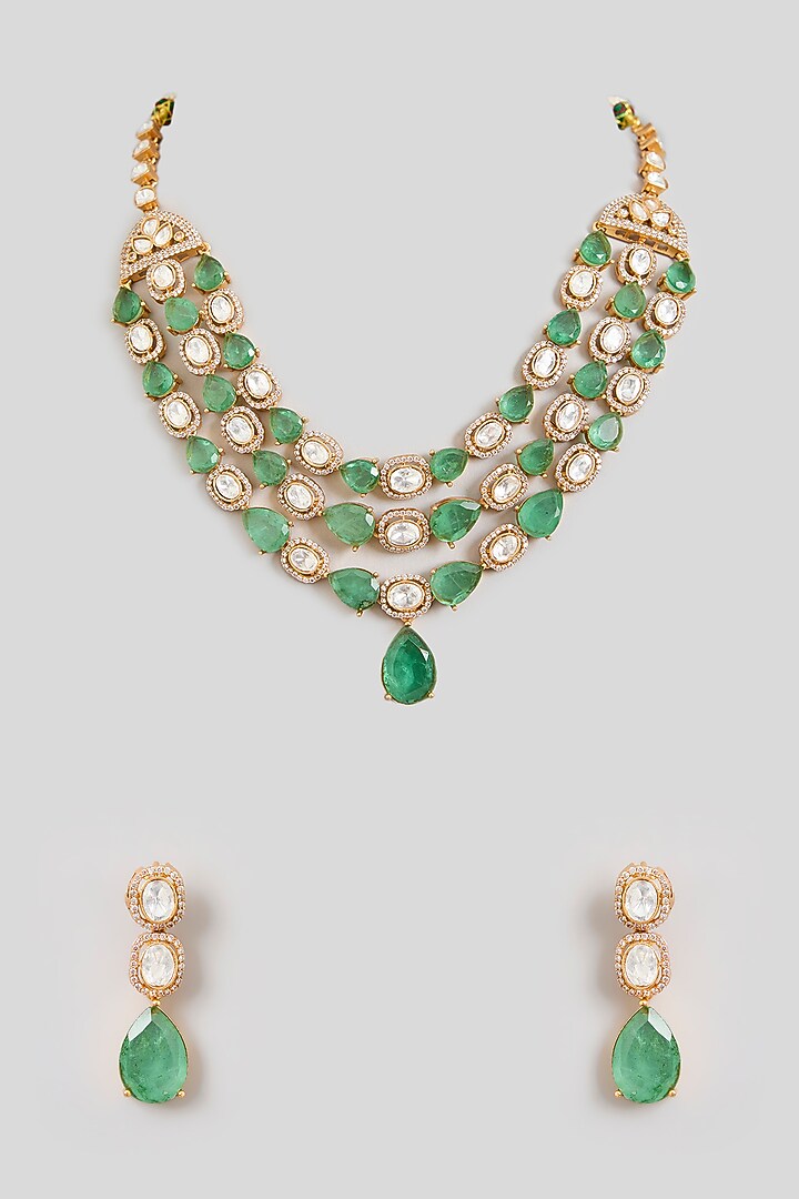 Two Tone Finish Green Kundan Polki Layered Necklace Set by Zevar By Geeta at Pernia's Pop Up Shop