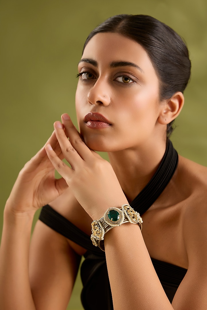 Gold Finish Green Kundan Polki Cuff by Zevar By Geeta at Pernia's Pop Up Shop