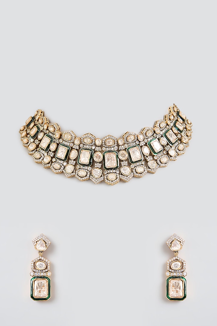 Two Tone Rhodium Finish Kundan Polki Necklace Set by Zevar By Geeta at Pernia's Pop Up Shop