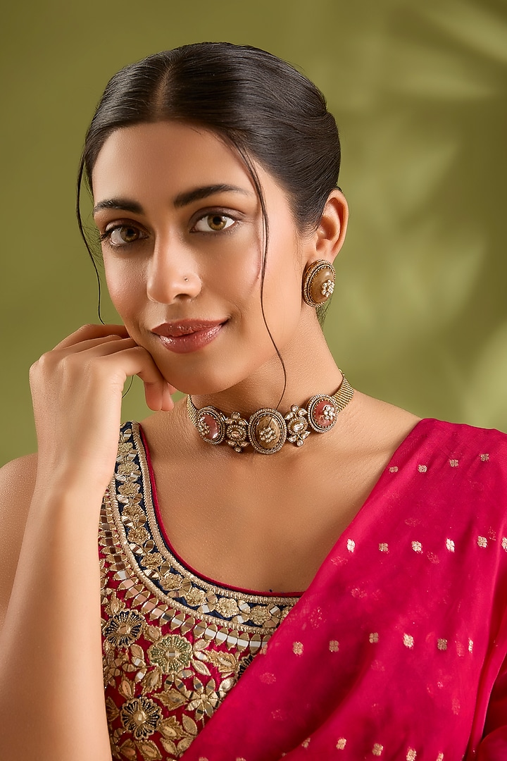 Gold Finish Kundan Polki Choker Necklace Set by Zevar By Geeta at Pernia's Pop Up Shop